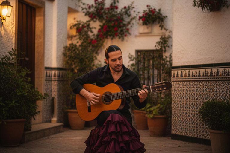 Músico de flamenco tocando la guitarra en un patio tradicional andaluz