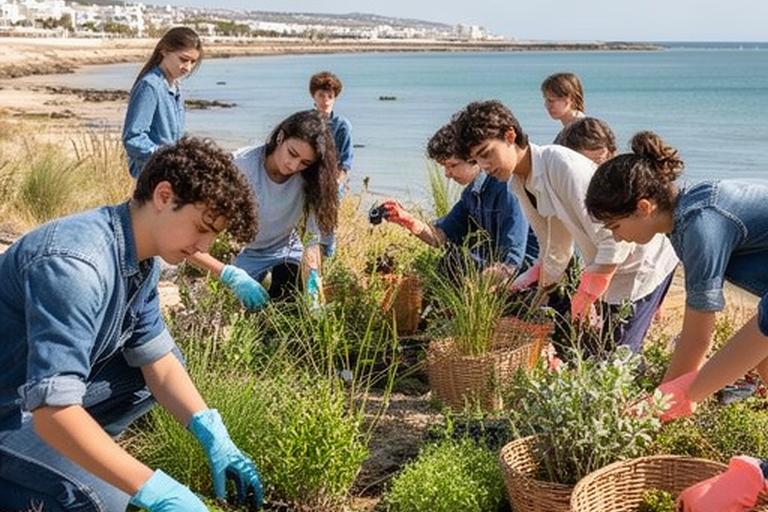 Grupo de jóvenes trabajando en una iniciativa ambiental junto a la Bahía de Cádiz