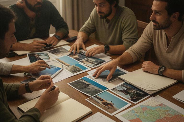 Equipo de producción revisando fotografías y documentos durante una reunión en Cádiz