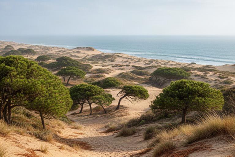 Paisaje de la Costa de la Luz con dunas, pinos y mar atlántico