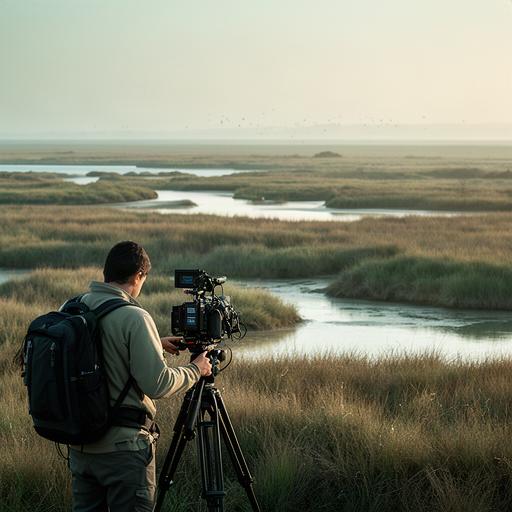 Marisma del Parque Natural Bahía de Cádiz con técnico preparando una cámara