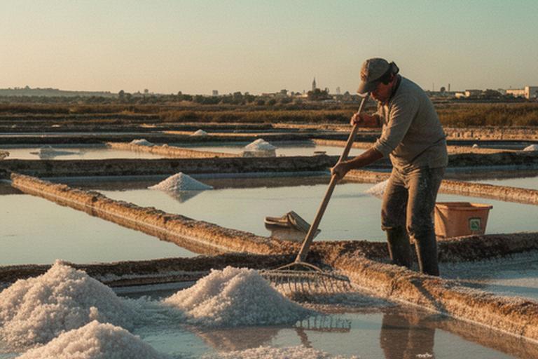 Trabajadora recogiendo sal en las salinas gaditanas durante un documental
