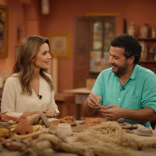 Presentadora entrevistando a una artesana en un espacio cultural andaluz