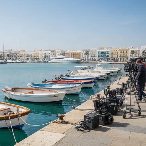 Puerto deportivo de Cádiz con embarcaciones y equipo audiovisual junto al muelle