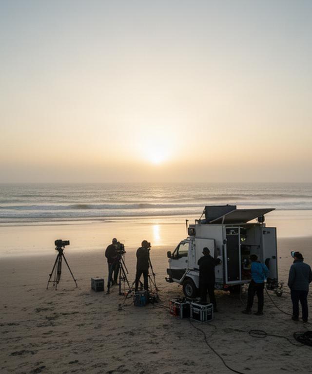 Playa de la Barrosa en Chiclana con equipo de rodaje y unidad técnica al amanecer
